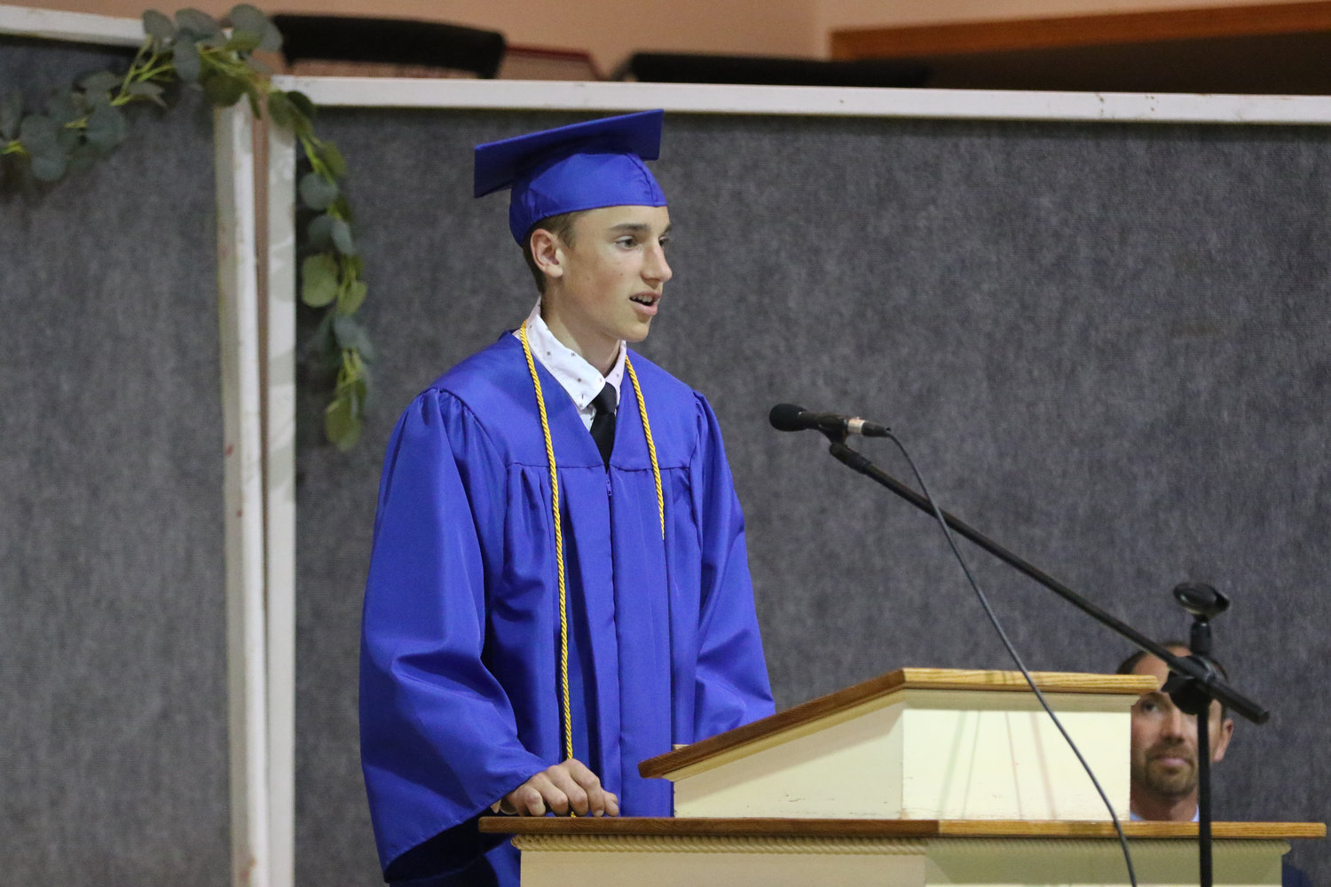 Valedictorian Jamison Stutzman addresses his fellow seniors during Pathway Christian School's graduation ceremony on May 16, 2021.