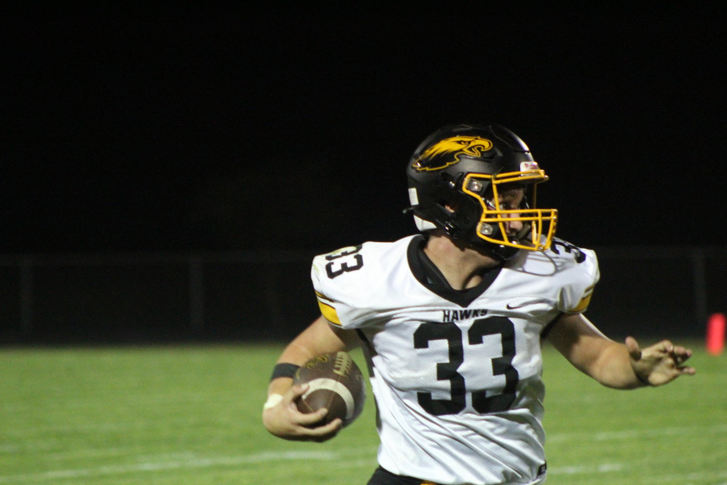 Mid-Prairie running back Braden Hartley takes off on a TD run. He scored five TDs in the Golden Hawks' win at Eddyville-Blakesburg-Fremont.